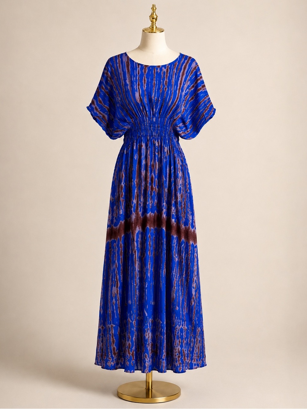 Blue Patterned Maxi Dress with Smocked Waist